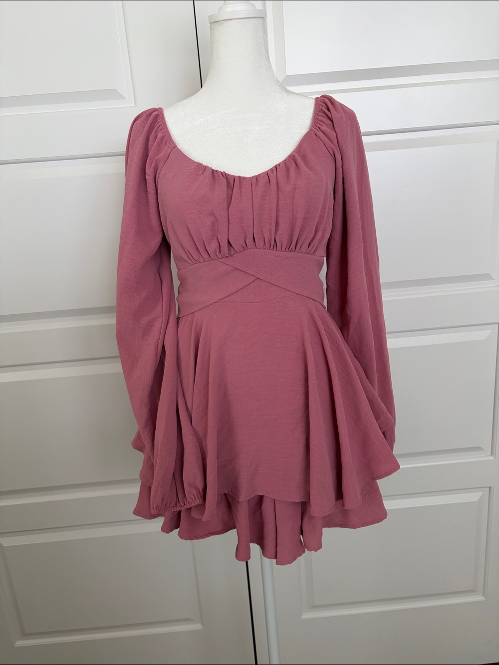 Altar'd State Dusty Rose Long Sleeve Romper with Peplum Skirt